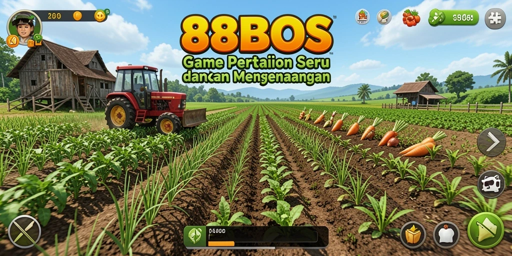 Screenshot gameplay 88BOS menampilkan ladang yang subur dan hewan-hewan yang lucu.