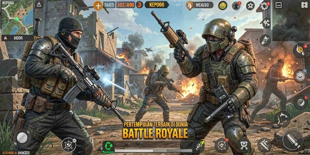Screenshot menunjukkan aksi gameplay seru dalam pertempuran Battle Royale.