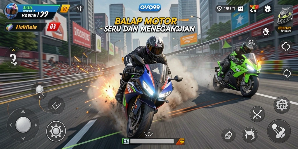 Screenshot gameplay OVO99 menampilkan balapan motor yang seru.