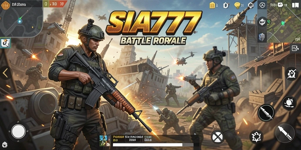 Tangkapan layar utama SIA777 menampilkan aksi pertempuran Battle Royale yang mendebarkan.